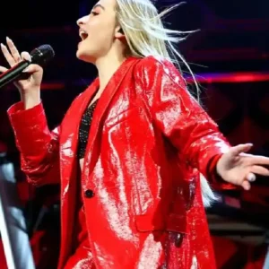 buy Sabrina Carpenter Red Leather Blazer