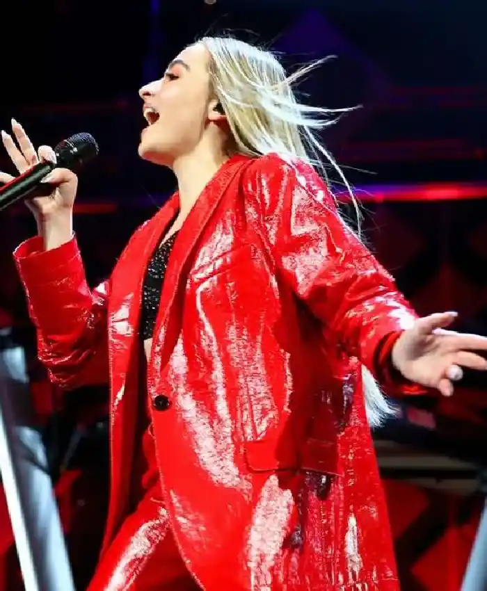 buy Sabrina Carpenter Red Leather Blazer