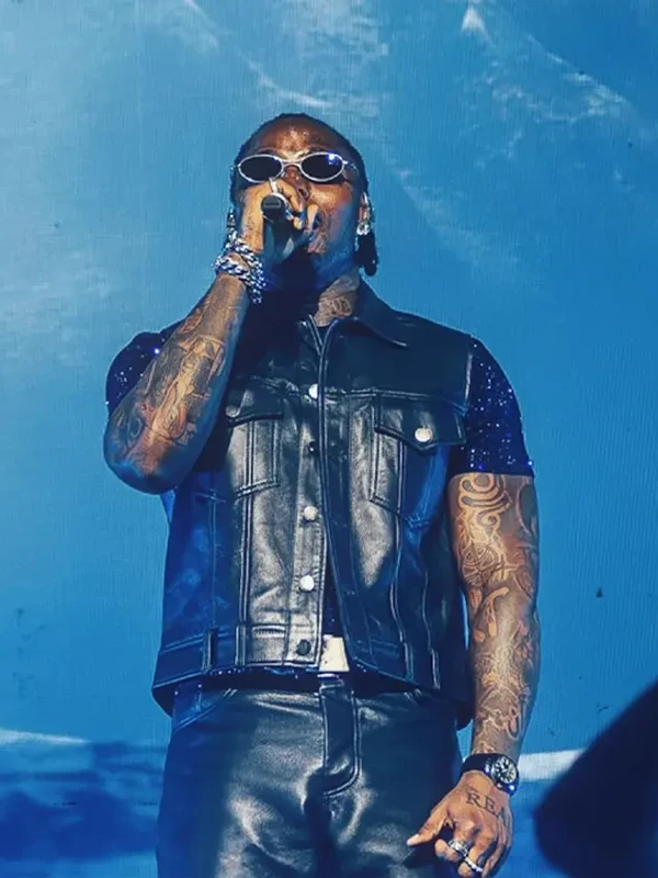 buy now God We Trust Tour Asake Black Leather Vest