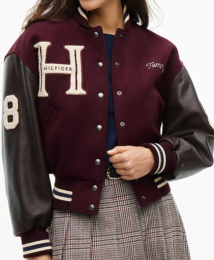 buy now Jisoo Tommy Hilfiger Wool Blend Leather Varsity Jacket