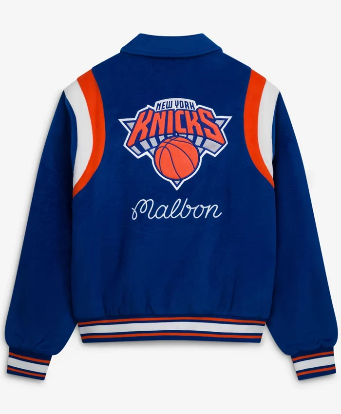 buy now NY Knicks Malbon Golf Blue The Garden Varsity Jacket