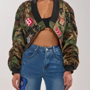 order now Dana Evans Camo Bomber Cropped Jacket For Sale
