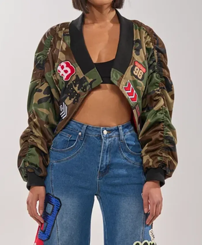 order now Dana Evans Camo Bomber Cropped Jacket For Sale
