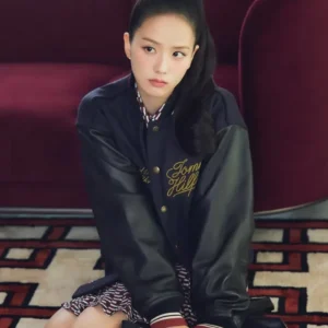 order now Jisoo Tommy Hilfiger Navy Wool Leather Varsity Jacket