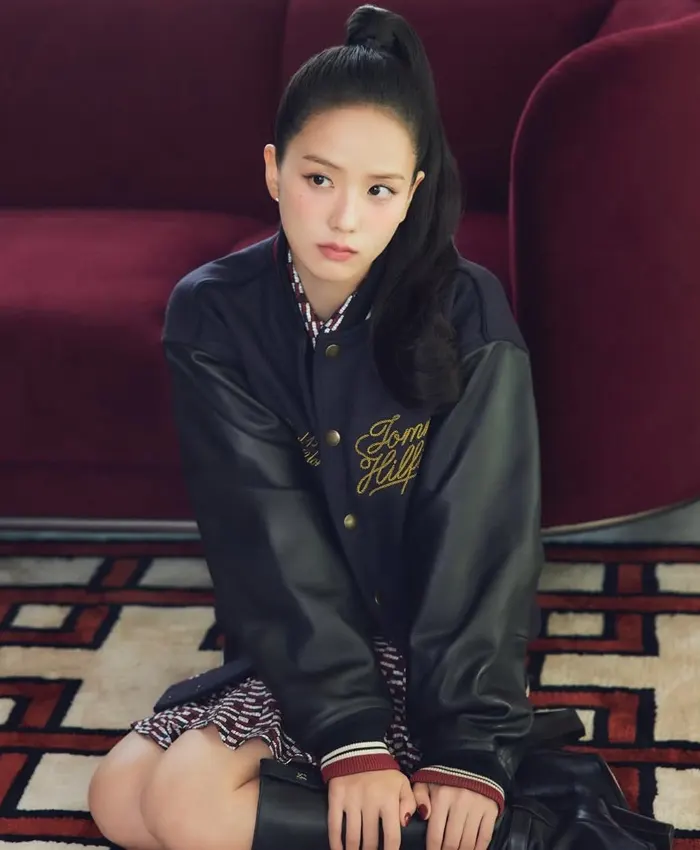 order now Jisoo Tommy Hilfiger Navy Wool Leather Varsity Jacket