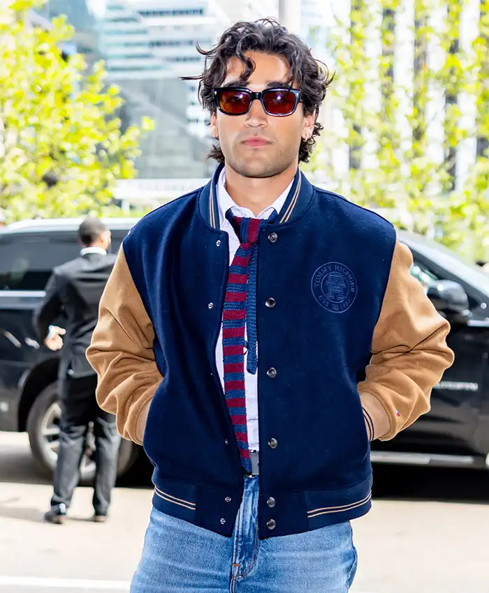 order now New York Fashion Blue Wool-Blend Varsity Jacket