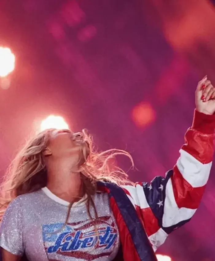 shop now Beyonce Michael Hoban American Flag Jacket