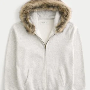 shop now Hollister Fur Zip-Up white Hoodie For Sale