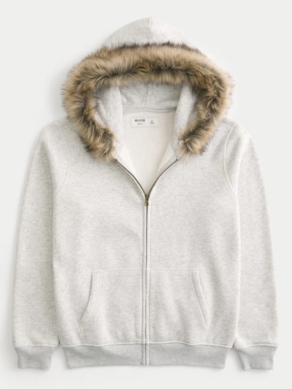 shop now Hollister Fur Zip-Up white Hoodie For Sale
