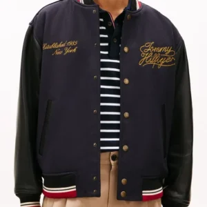shop now Jisoo Tommy Hilfiger Navy Wool Leather Varsity Jacket
