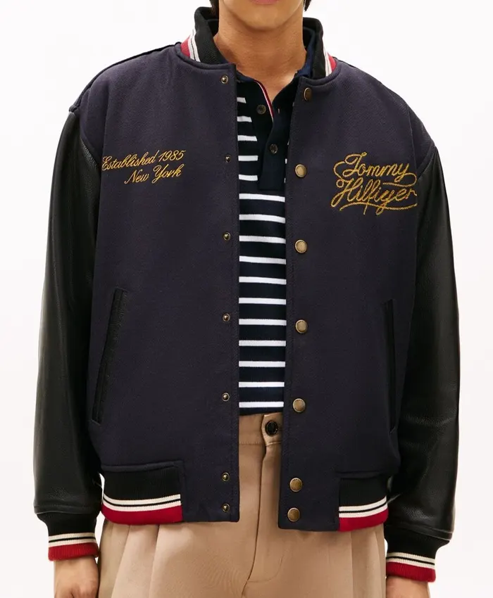 shop now Jisoo Tommy Hilfiger Navy Wool Leather Varsity Jacket