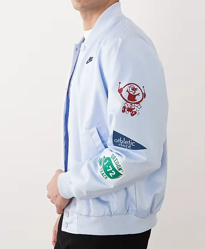 shop now Nike Club Reissue Light Blue Varsity Jacket