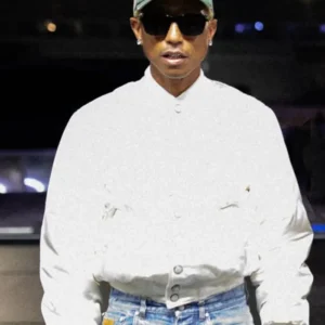 shop now Pharrell Williams Paris Rehearsals LV White Varsity Jacket