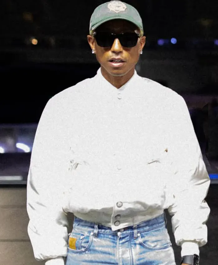 shop now Pharrell Williams Paris Rehearsals LV White Varsity Jacket