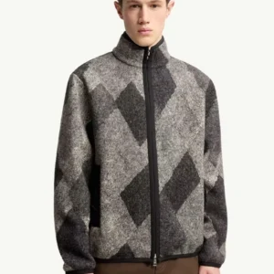 Diamond Pattern Wool Blend Zip-Up Cardigan