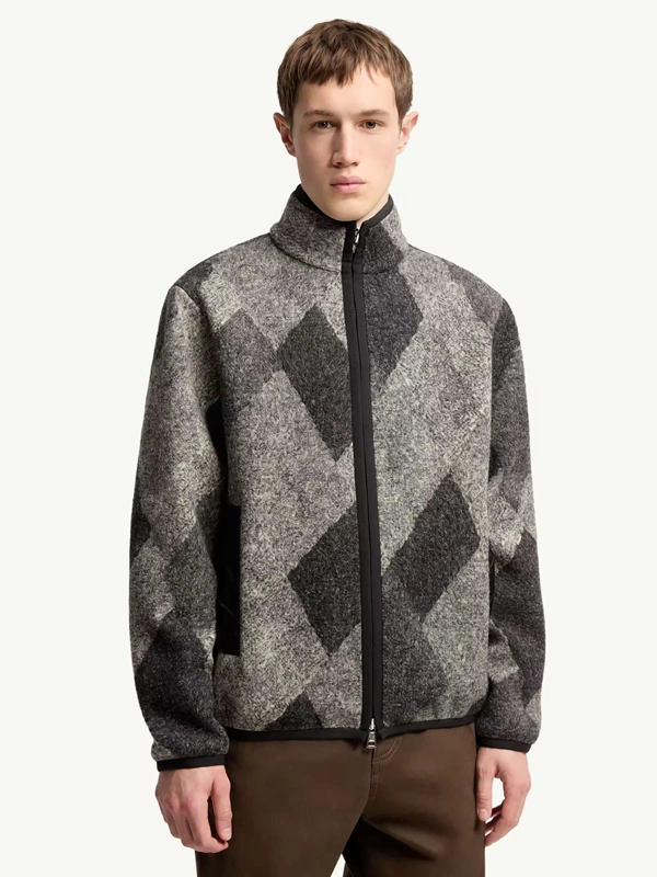Diamond Pattern Wool Blend Zip-Up Cardigan