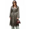 Gemma Chan Olive Fringe Leather Trench Coat