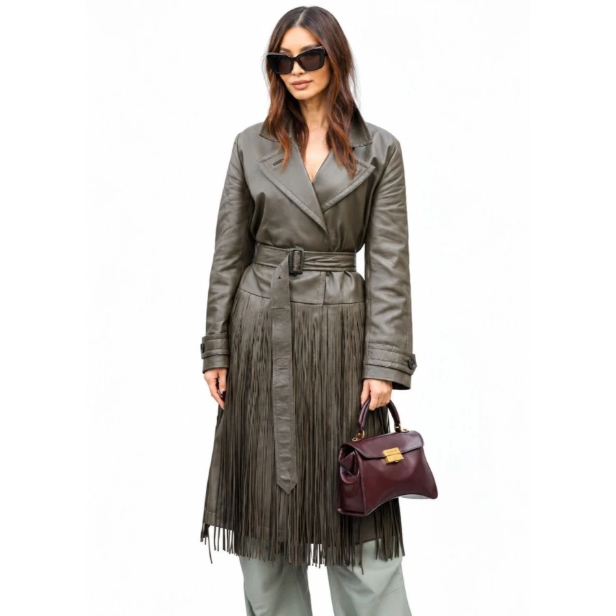 Gemma Chan Olive Fringe Leather Trench Coat