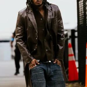 Get Grant Delpit Cleveland Arrival Brown Leather Coat
