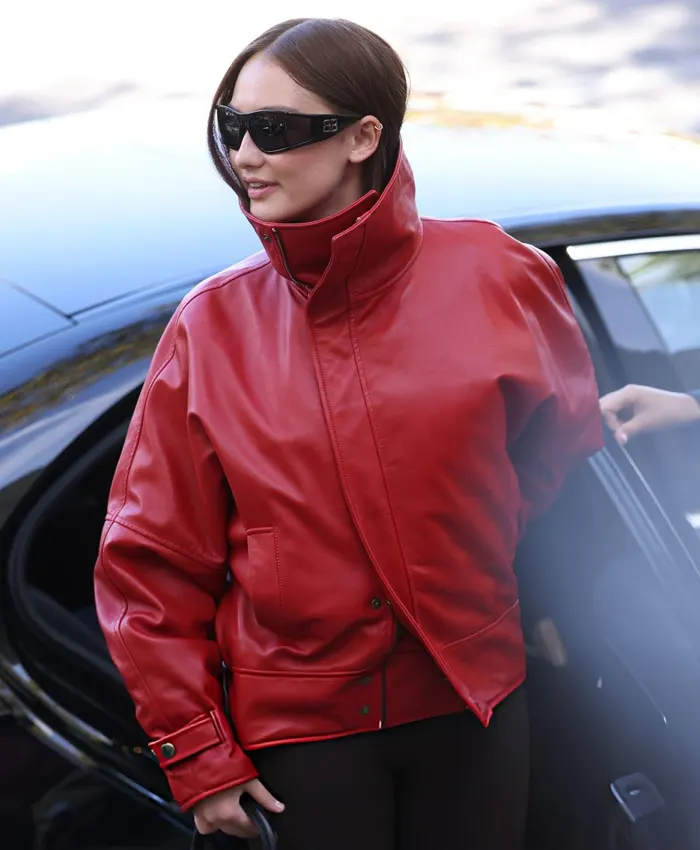 Get Lola Tung Balenciaga Paris Fashion Week Show Red Leather Jacket