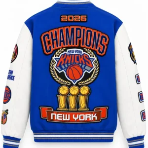 Get NY Knicks 2026 NBA Champions Royal Varsity Jacket