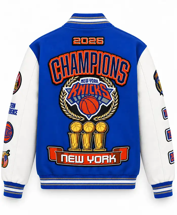Get NY Knicks 2026 NBA Champions Royal Varsity Jacket