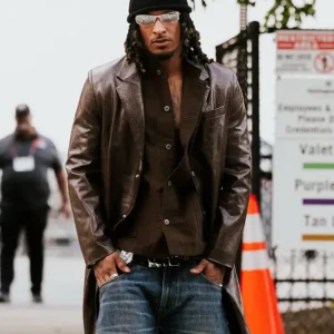 Grant Delpit Cleveland Arrival Brown Leather Coat