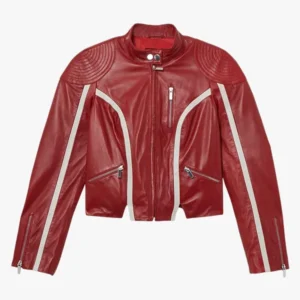 Ladies Redline Bolt High-Collar Red Leather Biker Jacket