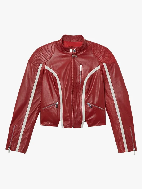 Ladies Redline Bolt High-Collar Red Leather Biker Jacket