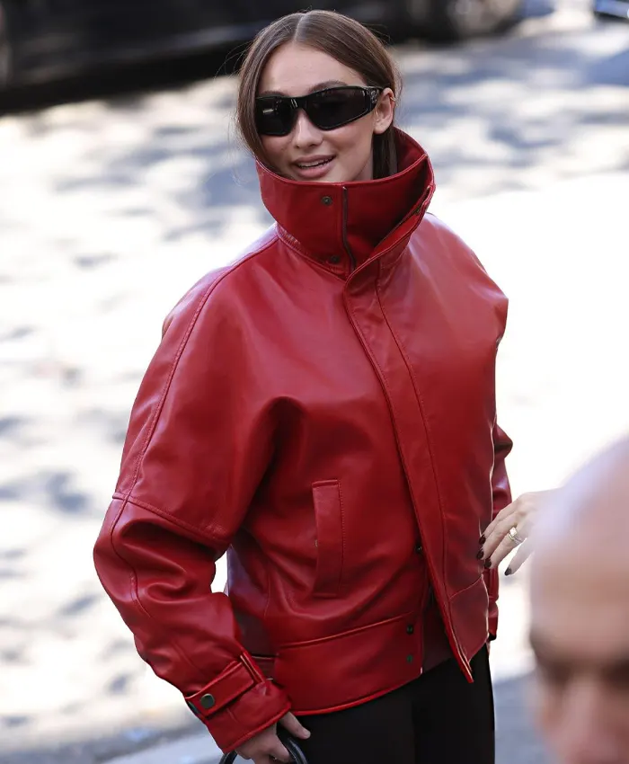 Get Lola Tung Balenciaga Paris Fashion Week Show Red Leather Jacket