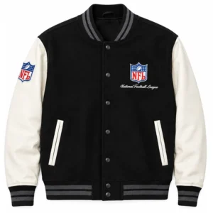 NFL Logo Varsity Jacket Black Body Leather White Sleeves