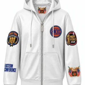 NY Knicks Championship 2026 Zip-Up Leather Hoodie For Sale