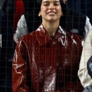 Shop Dua Lipa Yankees Game Red Croc Leather Coat