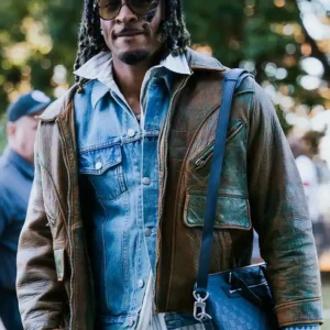 Shop Grant Delpit Arrival Distressed Brown Leather Jacket