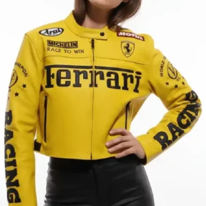 Women Ferrari Yellow Cropped Racing Jacket
