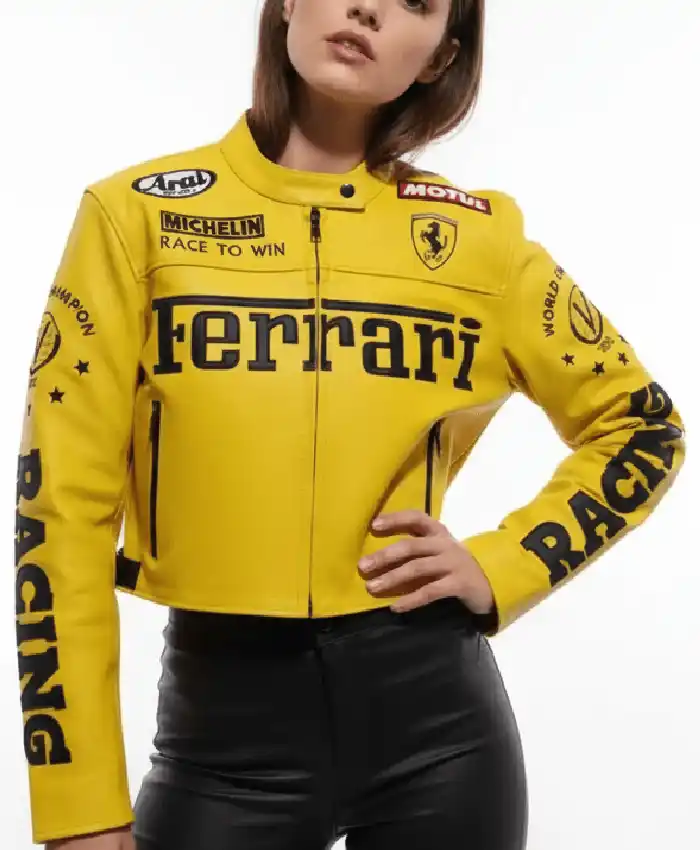 Women Ferrari Yellow Cropped Racing Jacket