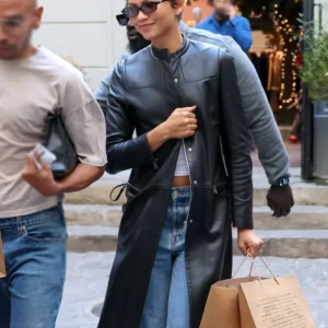 Zendaya Paris Black Leather Trench Coat