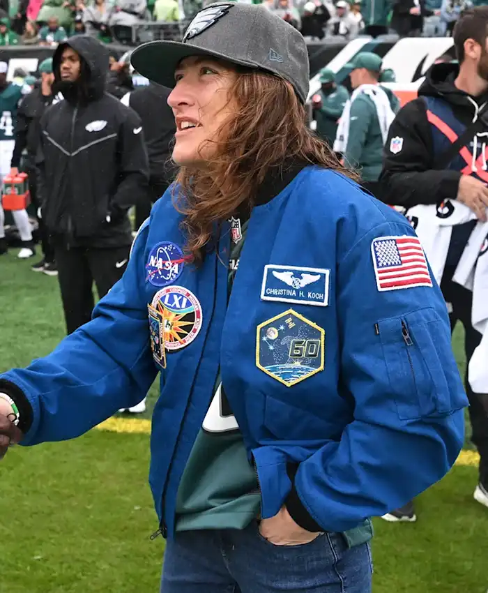 buy now Christina Koch NASA Eagles Blue Flight Jacket