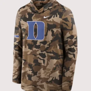 buy now Duke Blue Devils 2026 Military Sideline Hooded Camo T-Shirt For SAle