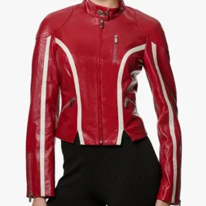 buy now Ladies Redline Bolt High-Collar Red Leather Biker Jacket