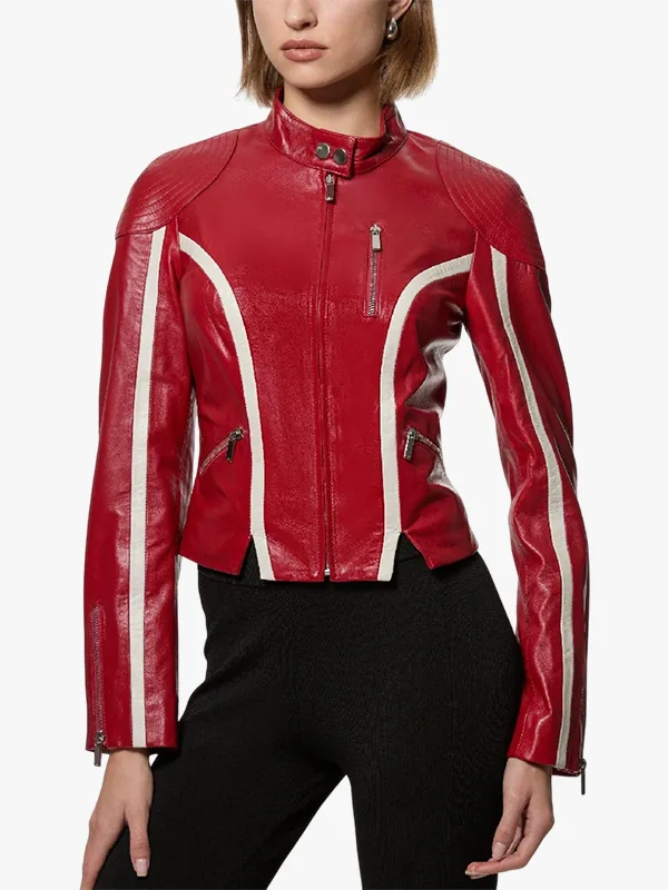 buy now Ladies Redline Bolt High-Collar Red Leather Biker Jacket