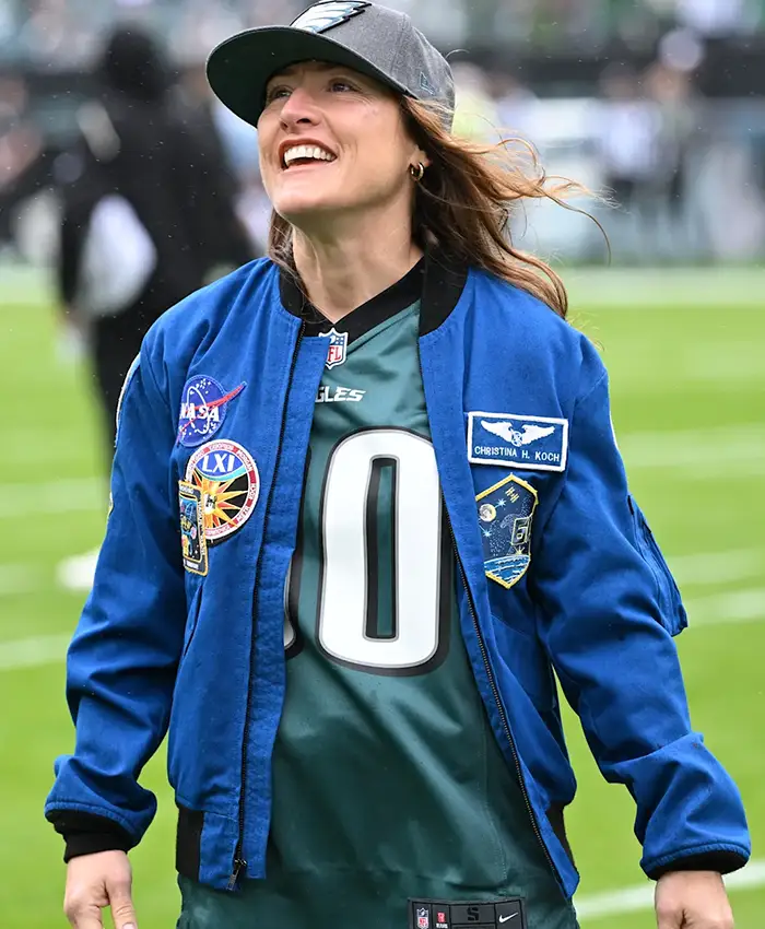 order now Christina Koch NASA Eagles Blue Flight Jacket