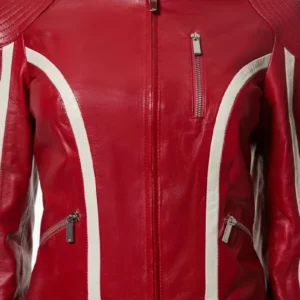 order now Ladies Redline Bolt High-Collar Red Leather Biker Jacket For Sale