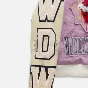 order now Who Decides War Pink Namesake Varsity Jacket For Sale